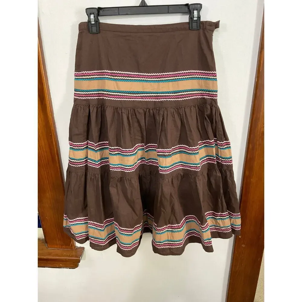 VTG 90s Tiered Cotton Brown Striped Midi Skirt Size 4 Small Boho Peasant Country - Picture 3 of 4